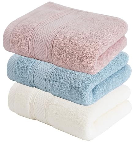 Set of 3 Bath Towels, Towels, Bidet Towels, Family Set, Soft 100% Cotton, 3 Towels, Resistant to Frequent Washes and Durable, 35 x 75 cm, 3 Pieces (Blue & Pink & White)