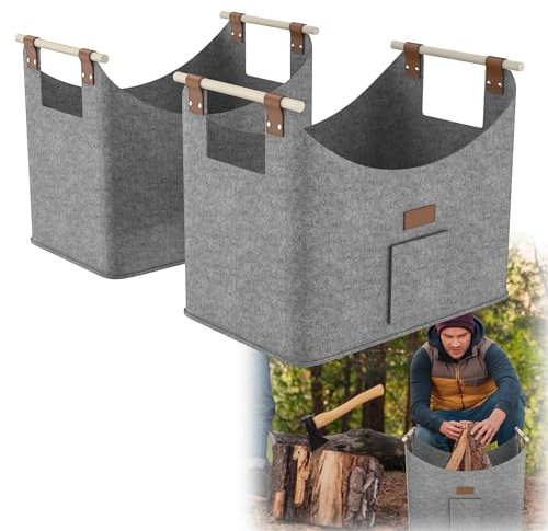 HENGMEI Lot de 2 paniers à bois de chauffage en feutre extra épais avec poignée - 50 x 32 x 40 cm - Gris