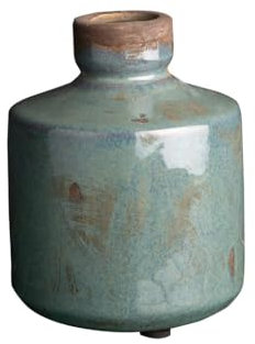 Jarrón de cerámica esmaltada agrietada, efecto antiguo, verde, 14 cm de alto, 11 cm de diámetro (azul desgastado)