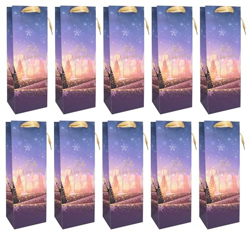 Idena 30493-10 - Flaschentaschen Frohe Weihnachten, 10 Stück, Geschenktaschen in der Größe 12 x 36 x 9 cm, Papiertüten für Weihnachten