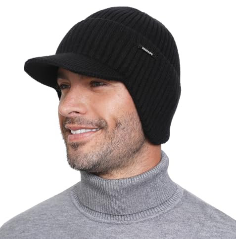Wmcaps Wintermütze mit Ohrenschützern, Strickmütze für Herren Dickes Warmes Futter Wind und Kältefest Ski-Gehörschutz, Geschenke für Männer Frauen Freundinnen, Schwarz