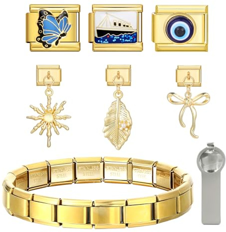 arrderly Italian Charms Bracelet Gold, Lot de 6 bracelets à breloques dorés, DIY 9mm Modules amovibles pour bracelets italiens, style italien pour femmes