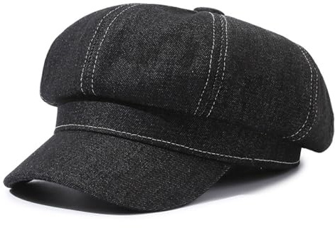 Cazqgoy dam Newsboy keps sommar basker keps 8 paneler vintage cabbie-hatt – åttkantig visirkeps, dam denim newsboy-keps visirkeps basker hatt cabbie keps, Svart, L