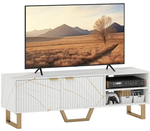 HOMCOM Marble Effect TV Unit for up to 70 Television, White | Modern TV Stand Cabinet with Shelves and Storage Cupboard, Fluted Door, Extra Centre Leg, Cable Management, Living Room
