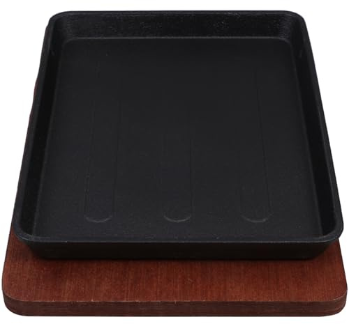 Cabilock Heavy Duty Cast Iron Fajita Skillet Set with Non-stick Wooden Base for Teppanyaki Barbecuing Frying for Home and Restaurant Cooking