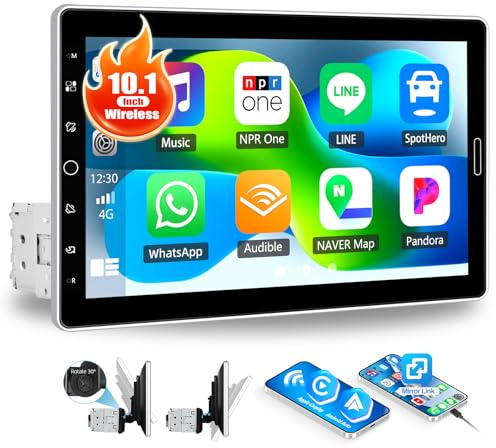 CAMECHO Autoradio 1 Din 10.1 Zoll mit Wireless Carplay Android Auto, Bildschirm Drehbarer Touchscreen Radio mit FM AM RDS Bluetooth EQ Mirror Link Lenkradsteuerung YouTube +IPS Display