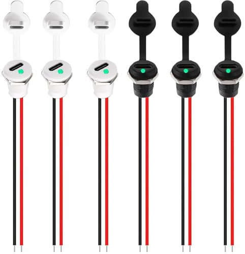 RUNCCI-YUN 6 Stücke USB C Buchse 5V 3A 2 Polige mit Staubschutzhüllen und Muttern, mit LED-Licht 2-Draht USB C löten einbaubuchse mit PD Funktion,150mm 24 AWG Drähten, Schwarz Weiß