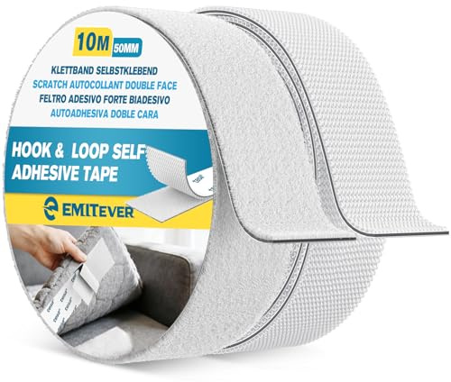 Emitever Double Sided Hook & Loop Self Adhesive Tape 50mm x 10m White | Extra Strong Heavy Duty Stick On Tape, Perfect for Home & Office Decor&Garage, Indoor/Outdoor Use