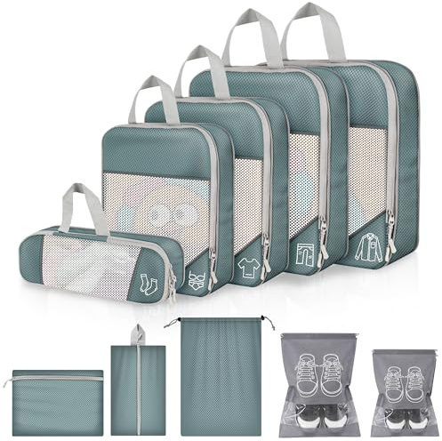 Kofferorganizer-Set 10-teilig, Kompressions-Packwürfel Grau mit Netz, Packtaschen für Koffer, Reiseorganizer mit XL, L, M, S Packbeuteln, Sockenbeutel, und 5 Pcs Aufbewahrungstasche für Zubehör