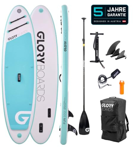 GLORY BOARDS ® Stand up Paddling Board aufblasbar – bis 150kg Tragkraft – komplettes SUP Set inkl. Carbonpaddel, Pumpe, Rucksack – Kajak Option – leichtes Stand up Paddle Board