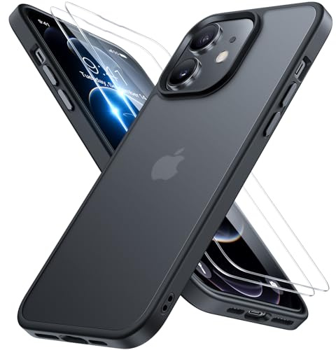 Miracase für iPhone 12/12 Pro Hülle mit 2 9H+ Panzerglas, Schwarz-w | [TOP Militärschutz ] Stoßfest Kratzfest mit Samtiger Haptik Langlebig Handyhülle für iPhone 12 / 12 Pro 6,1