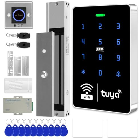 XYBkey WiFi TUYA Complete Security Access System Kit with Waterproof RFID Touch Keypad Door Lock, Smart Remote Door Opener, App，600-Pound Electric Magnetic Lock + ZL, Metal Sensor Switch, Doorbel