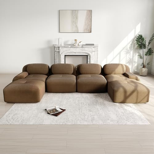 A ALFRESCOOL Boneless Couch, Wohnlandschaft U Form, Modulares 4 Sitzer Sofa aus Cordstoff, mit 2 Ottomane, Ohne Montage & Rutschfester Unterseite, frei Kombinierbar, 388×178×75cm (Braun)