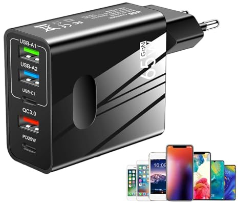Bloque de Cargador USB rápido - Bloque de Carga del teléfono del Viaje Cargador Poder 65W con 5 Puertos | Adaptador de Corriente de Viaje para tabletas, Consolas de Juegos y teléfonos intelige