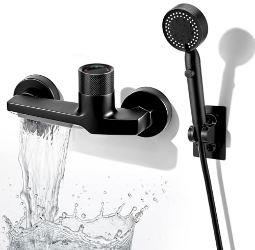 Badewannenarmatur mit Handbrause, Wasserfall Wasserhahn Badewanne Armatur, Mischbatterie Dusche mit 5 Funktionen,mit 1,5 m PVC Schlauch und Wandhalterung, Messing Wannenarmatur für Badewanne Dusche