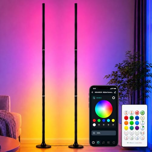 Aourow RGB Stehlampe Wohnzimmer 120CM, 2er Set Ecklampe Dimmbar | Smart App & Fernbedienung, 16 Millionen Farben, Musik Sync, DIY-Modus & Timing-Funktion, Für Schlafzimmer, Gaming