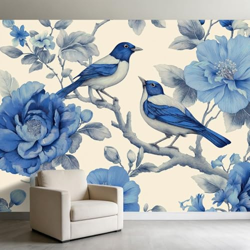 Carta da parati murale dipinta a mano con uccelli e fiori blu per ragazzi e ragazze, carta da parati murale in tessuto non tessuto color crema poster carta da parati fotografica per bambini moda