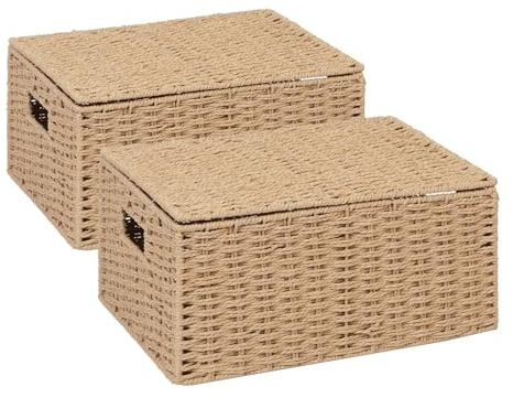 ARPAN 2 x Paper Rope Storage Hamper Basket With Lid - Ideal For Home/Office & Gifts Hamper (Natural - Large)