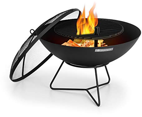 Blumfeldt Orbit - Braciere in acciaio 3 in 1: focolare, griglia e tavolo da giardino in uno, Ø 60 cm, griglia regolabile in altezza a 4 livelli in acciaio: Ø 40 cm, con parascintille, nero