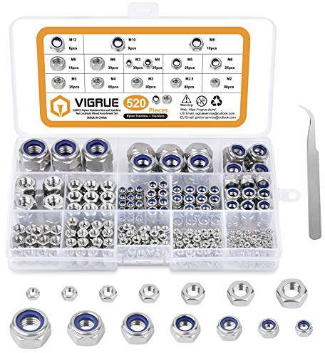 VIGRUE 520 Stück DIN985 und DIN934 Sechskantmuttern Sicherungsmuttern Standard A2-70 Edelstahl Muttern 9 Größe selbstsichernd Stopmuttern Sechskant Schraubenmuttern M2 M2.5 M3 M4 M5 M6 M8 M10 M12