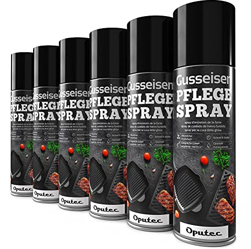Oputec 6 x 500ml Gusseisen-Pflegespray - Ideales Grillzubehör zum Schutz & der Pflege von Gussrosten, Pfannen, Töpfen, Dutch Oven, Grillrosten, Brätern aus Gusseisen - Cast Iron Antihaft-Schutzspray