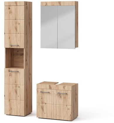 Vicco Badmöbel-Set Luna, Eiche Wotan, 60 cm, besteht aus Waschbeckenunterschrank, Spiegelschrank und Hochschrank