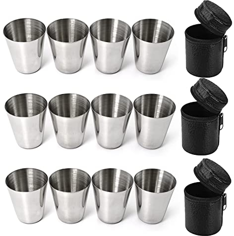 12 Unidades Vasos de Acero Inoxidable, Vasos de Chupito Apilables con Funda de Piel, Vasos de Metal Portátiles, Accesorios de Petaca