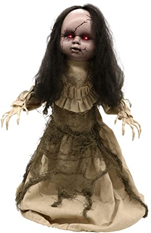 Animatronic Große Puppe im beigefarbenen Kleid, 82 cm, Halloween-Dekoration, rote leuchtende Augen und Soundeffekte, motorisierte Räder, Halloween-Requisiten