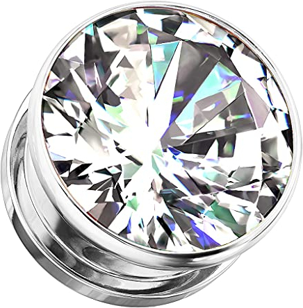 Piercingfaktor Ohr Plug Edelstahl Flesh Tunnel Piercing Ohrpiercing Schraub Schraubverschluß mit großen klaren Kristall Stein 10mm Silber Clear