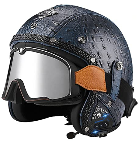 Motorradhelm Bluetooth Helm Jethelm Motorradhelm Retro Moto Helm Mit silberner Brille Vintage Motorrad Motorrad Halbhelm Schutzhelm,ECE-Zulassung,100% vegan J,XXL