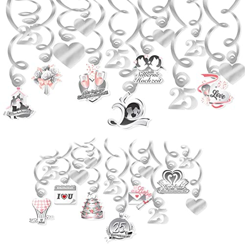DPKOW Alles Gute zur Silbernen Hochzeit Hängedeko, 30pcs Deckenhänger Spiral Girlanden für Silberhochzeit Deko, Aufhängen Hängedeko für 25 Hochzeitstag Deko 25 Jahre Silberpaar