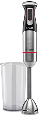 Solac - Batidora de mano PRO 1200W | Picadora eléctrica en INOX | 4 Velocidades + Turbo | Incluye Vaso medidor, Picador y Emulsionador | Pica hielo, alimentos congelados, frutos secos | Minipimer 3en1