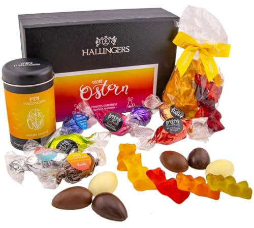 Hallingers Genuss Manufaktur Feinkost Oster-Geschenk-Set - XL-Geschenkkorb Frohe Ostern Os... großes Osternest Pralinen-Ostereier, Eigewürz & Fruchtsaftbärchen, Ostern Körbchen für Frauen Männer