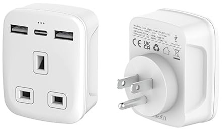 TechMax UK to USA Plug Adapter With USB Type G to Type B Travel Adapter for Canada, Thailand, Mexico, Jamaica, Dominican Republic, Barbados, China and more (White)