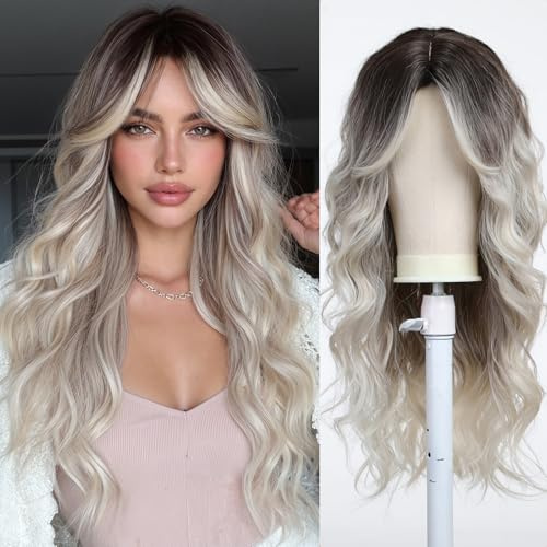 Esmee Långa vågiga ombre blandade blonda peruker för kvinnor naturligt syntetiskt hår värmebeständig peruk för daglig fest cosplay användning