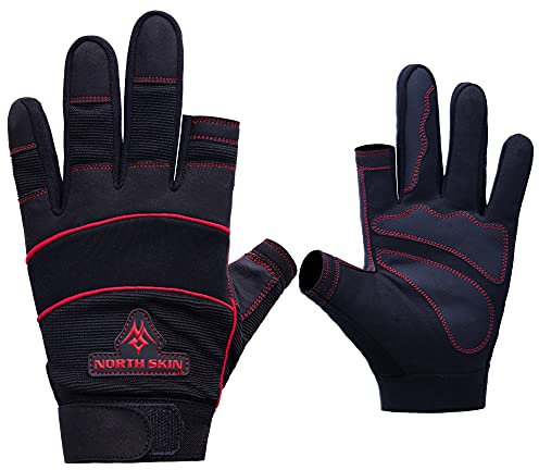 NORTH SKIN Fingerless Safety Work Gloves Flexible Heavy Duty Performance Carpenter Paint Anti Slip Training Palm Wheelchair Assembly Camping Gloves for Men Women (Red, XS)