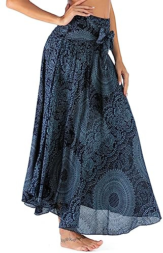 Adigaber Damen Maxirock 2-in-1 Böhmischem Blumendruck Einheitsgröße | Boho, Hohe Taille，Lang，Asymmetrisch，A-Line，Elastischer Bund，Party，Strand，Mit Gürtel，Sommer，Bauchkontrollierend，Fließend