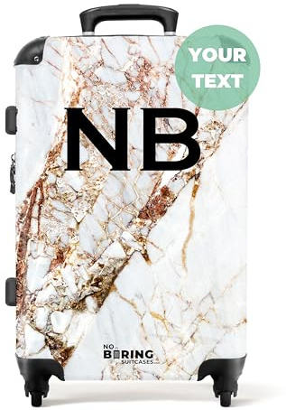 NoBoringSuitcases© Koffer personalisiert, | 67x43x25 cm - Koffer Mittelgroß, Koffer Hartschale Groß - Rollkoffer - Weißer Marmor mit Gold - Leicht - Koffer mit Namen
