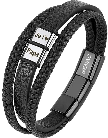 genac Bracelet Je T'aime Papa Cadeau Pour Fêtes Des Pères Anniversaire Noël Ou Simplement Pour Le Plaisir En Cuir Veritable Tressé Avec Fermoir Magnétique Amovible Pour Ajuster Facilement La Taille