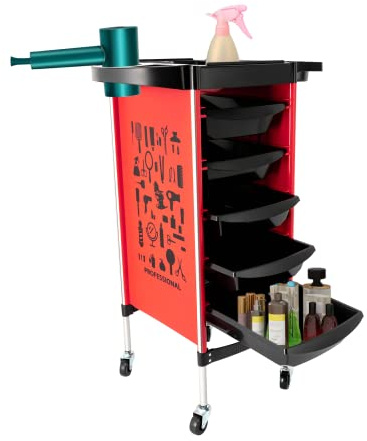 LUNICASHA 6 Tiers Hairdressing Trolley, Hair Salon Rolling Trolley, Beauty Trolley On Wheels, Hairdresser Storage Trolley, Beauty Salons Cart with 5 Drawers, Red
