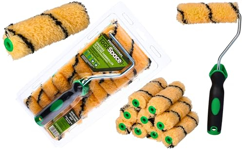 ToolSpace 10er Set Farbroller - 11 cm - mit Griff - Lasurwalze Lackier-Set Lackrollen Langflorige Farbrolle Streich Rolle Langflorrolle Farbwalze Maler Zubehör Polyacrylfarbroller Absorbierende Rolle