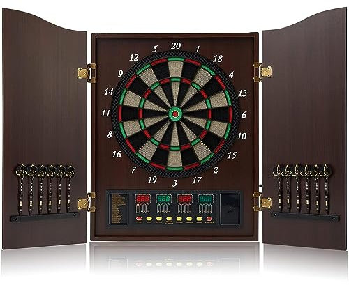 PASPRT Elektronisches Dartscheiben-Set, Dartscheiben-Schrank-Set mit 12 Dartpfeilen mit weicher Spitze und 50 Dartköpfen, elektronische Dartscheibe, Schranktüren aus Holz (B)