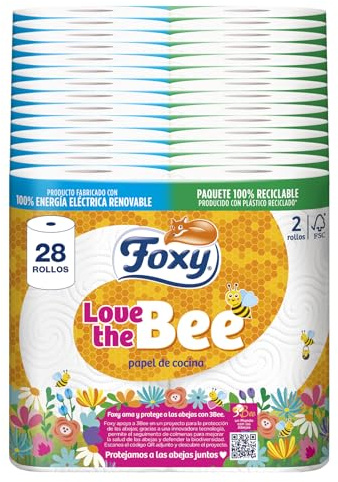 Foxy Love the Bee | 2 capas |Papel cocina 28 rollos | 66 servicios por cada rollo | Certificación FSC | 100% Energía eléctrica renovable | Paquete reciclable producido con plástico reciclado