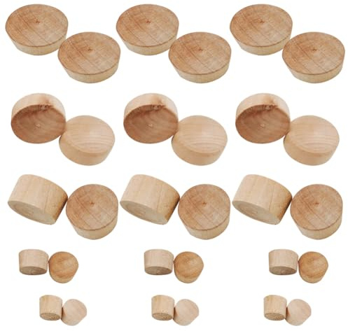 JIHUOO 50 Pcs 5 Sizes Wooden Round Button Plugs and Flat Head Wood Plugs for Furniture Screw Covers