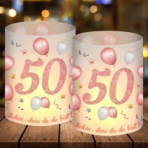 12 Windlicht Tischdeko 50 Geburtstag, Party Deko 50 Geburtstag Frau, Rosegold 50. Deko, Schön DASS Du Da Bist, Geeignet für Teelichter oder Kerzen, Happy Birthday Tischdeko