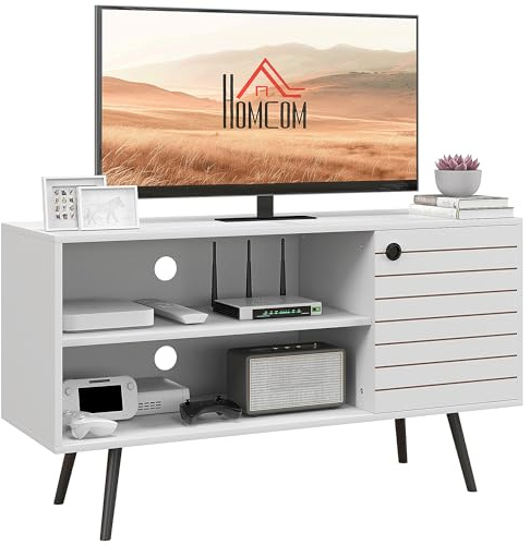 HOMCOM TV Stand Cabinet for 50 Inch TVs, TV Unit with Open Shelves, Soft-close Door and Cable Holes, Entertainment Unit for Living Room, White