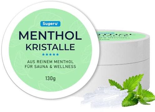 Sugeru Mentholkristalle - Hergestellt aus Reiner Minze - In Wiederverschließbarer Dose - Erfrischendes Sauna Zubehör - Saunaaufguss - Sauna Aufgussmittel mit Wohltuendem Aroma - Saunazubehör (130g)