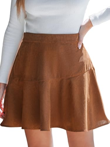 CUPSHE Minigonna da donna con volant, a vita alta, in velluto a coste, per l'autunno, casual, da indossare tutti i giorni, Colore: marrone caramello., L