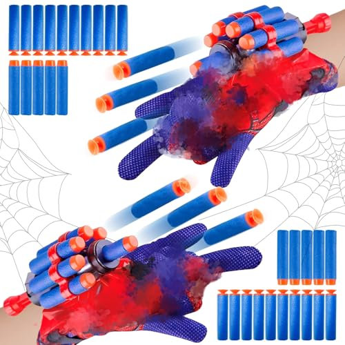 Dekewe Spider Handschuhe, 2 Set Spider Launcher Handschuhen Kinder, Spider Web Shooter Spider Netzwerfer, Spider Netz Shooter mit 30 Darts, Spider Spielzeug Handschuhen für Kinder Cosplay