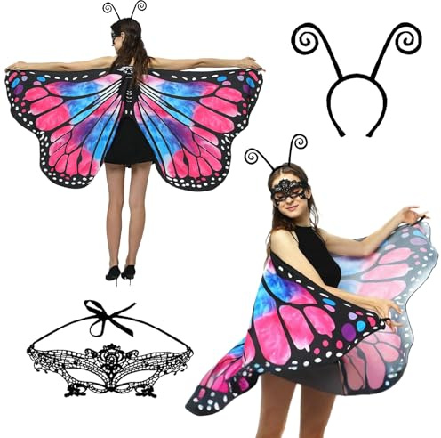 Schmetterling Kostüm Faschingskostüme Damen, Schmetterlingsflügel Erwachsene Karneval Kostüm Damen mit Schmetterling Haarreif und Spitze Maske, Schmetterling Umhang für Karneval, Fasching, Mottoparty